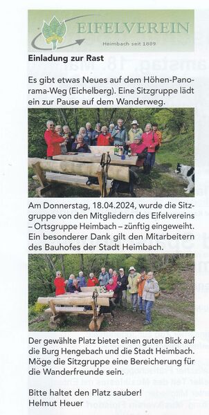 08.05.2024 Artikel Stadtjournal Einweihung Sitzgruppe